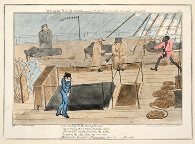 Mr. B on the middle watch - cold blows the wind and the rains coming on, from The Progress of a Midshipman by George Cruikshank