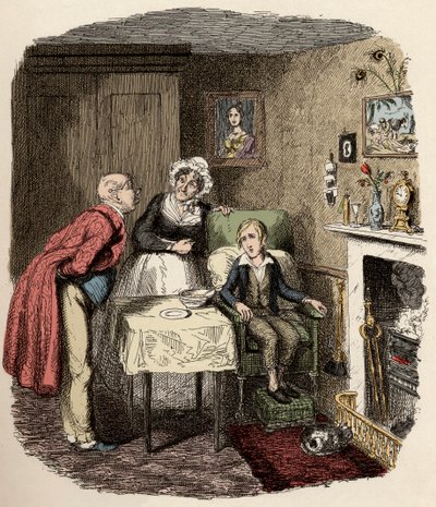 Oliver is collected and cared for by Mr. Brownlow and his housekeeper Mrs. Bedwin - Oliver recovering from the fever - Illustration for "Oliver Twist" by George Cruikshank