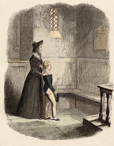 Rose Maylie and Oliver in front of the commemorative plaque of Agnes, their sister and mother (Illustration for 