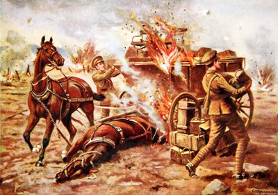 Acting-Bombardier H.A. Creasey assisting to unload a burning ammunition wagon under very heavy shell fire by George Derville Rowlandson