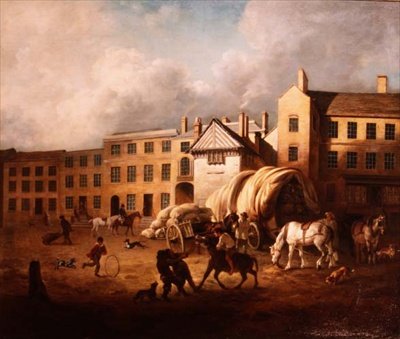18th Century Town Scene with Figures and Horses in a Yard by George Garrard