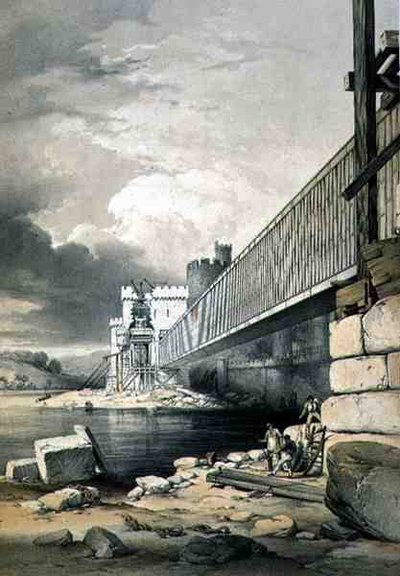 Conway Tubular Bridge, with the Preparations for Raising the Second Tube, pub. in 1849 by George Hawkins