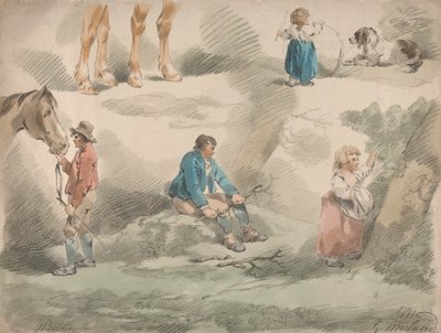 Set of Five: Studies of Girls, one Playing with Hoop, one Picking Berries, Man and Horse, etc. by George Morland