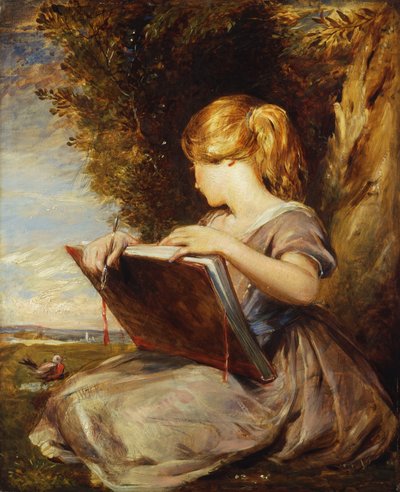 A Young Girl seated under a Tree with a Sketch Book by George Richmond