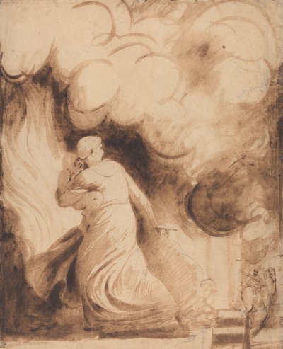 A Mother with Her Child in Her Arms Flying upon the Ramparts of a City in Flames (Lady Hamilton as "Andromache" Escaping from the Burning of Troy; The Fire) by George Romney
