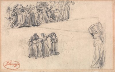 Two Sketches of Women and Children Fleeing and Standing Female Figure Playing Tambourine (detail) by George Romney