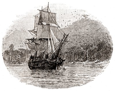 The Hispaniola drops anchor off the island by George Roux