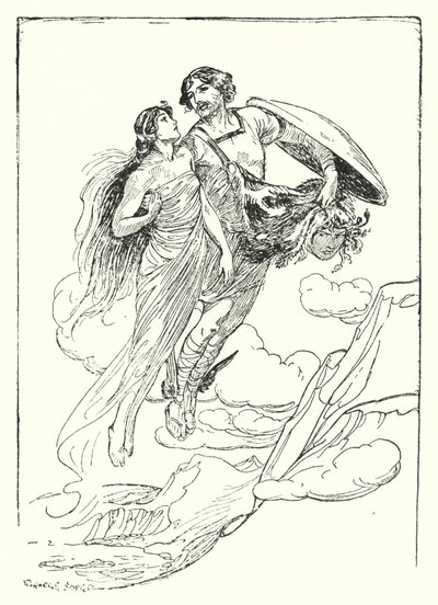 Perseus: "Perseus lifted his fair Andromeda in his arms and fled with her to the cliff top" by George Soper