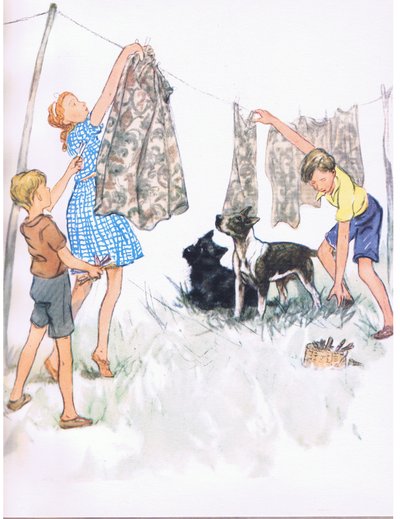 Hanging the washing on the line - Nobby the Bull terrier and Ferdinand the Aberdeen, from Pets Limited published by Collins by George Vernon Stokes