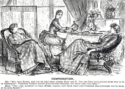 Cartoon depicting a woman using a handle-driven sewing machine by George du Maurier
