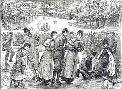 Skaters skating on a frozen lake by George du Maurier