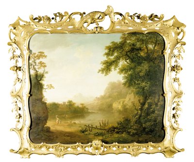 An Italianate Wooded River Landscape with Figures in the Foreground and a Village Beyond by George the Elder Barret