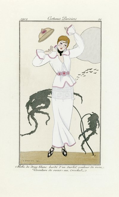 Design for White Dress with Pink Trim and Crochet Belt, from Costumes Parisien, pub.1912 by Georges Barbier