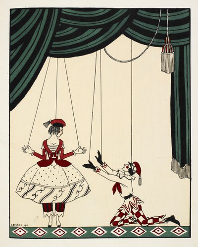 Scene from Petroushka, a ballet with music by Russian composer Stravinsky. Two puppets on stage, held up by strings. The boy is kneeling reaching upwards to the girl. They are both dressed in matching red and white patterned outfits by Georges Barbier