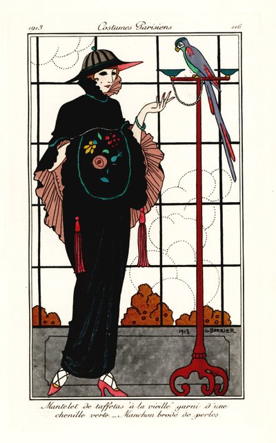 Woman in an old-taffeta cape with a parrot by Georges Barbier