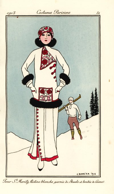 Woman in outfit for St. Moritz in white frieze with skunk trim and wool embroidery by Georges Barbier