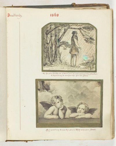 Untitled [man in the rain and two cherubs] by Georgina Cowper