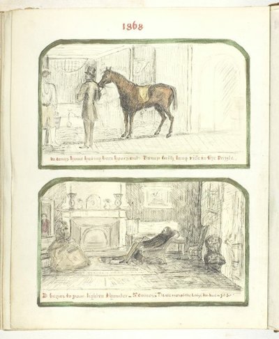 Untitled [man with horse, and couple relaxing by the fire] by Georgina Cowper