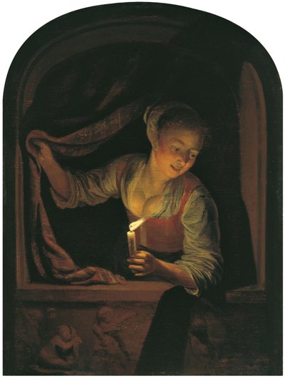 Woman with a Lighted Candle at a Window by Gerrit Dou