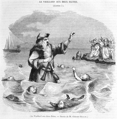 The old man with two flutes. Drawing by Gérard Séguin by Gerard Seguin