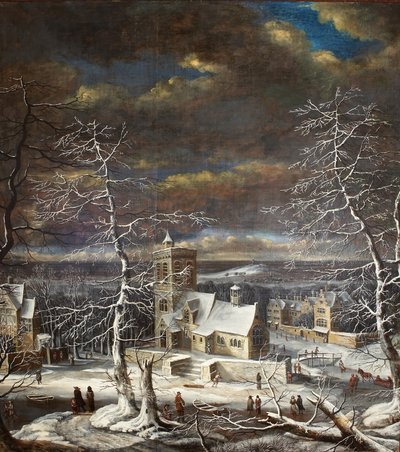 A village in winter in an extensive landscape with figures on the ice by Gerard van Edema