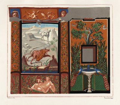 Wall mural in a viridarium (garden) of a tiger attacking a bull, and peacocks on a fountain, from the House with the Inscribed Pictures, Regio V, Insula I, N. 18 by Geremia Discanno