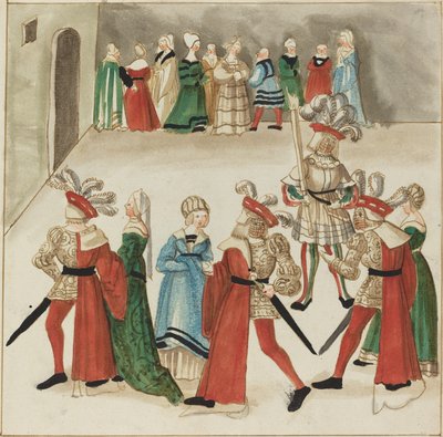 Three Men in Red Capes Dancing with Their Partners by German 16th Century