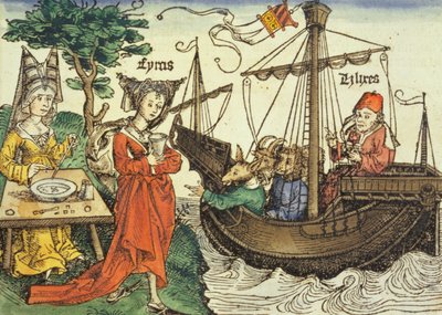 A Sorceress, probably Circe with the cup of poison and Odysseus with his companions by German School