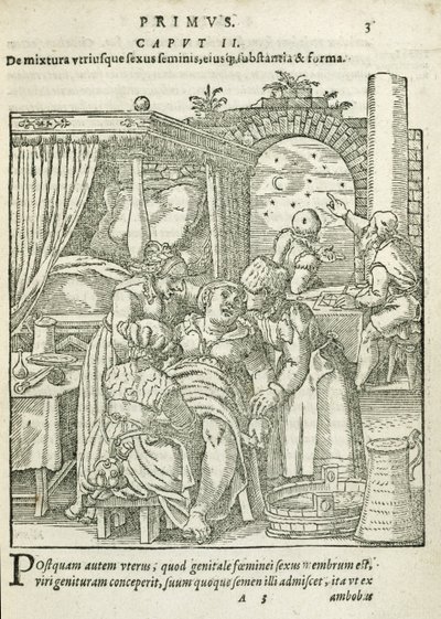 A Woman in Labour, Illustration from Chapter 2, Book 1 of On the Conception and Growth of Man by Rueff, 1587 by German School