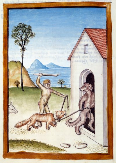 A Dog and a Monkey Tyranning a Weasel. Animals Depicted in Male Posture. Miniature Taken from a German Translation of the Fables of 