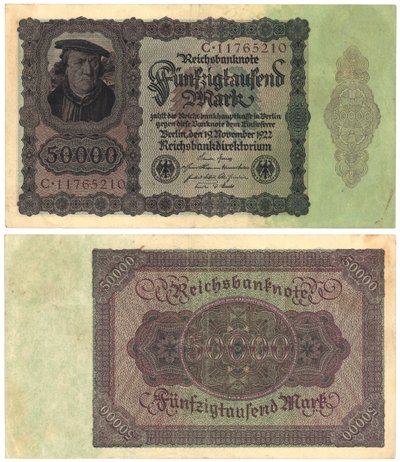 A Fifty Thousand Mark Banknote, 1922 (recto and verso) by German School