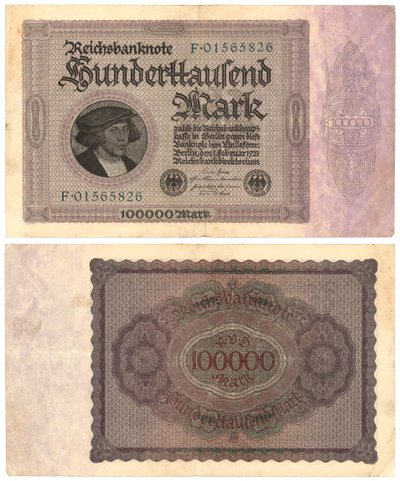 A Hundred Thousand Mark Banknote, 1923 (recto and verso) by German School