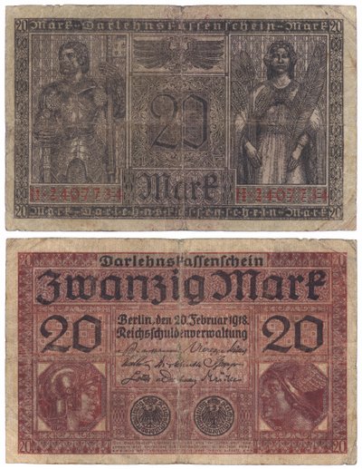 A Twenty Mark Banknote, 1918 (recto and verso) by German School