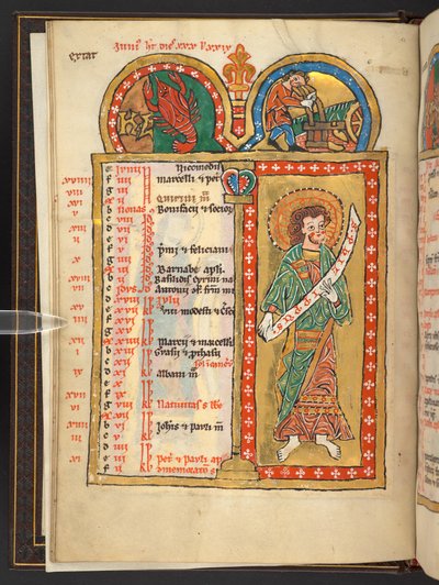 Add. 60629, f.3v June, from 12 Calendar pages in gold and colours, with architectural frames each containing a sign of the Zodiac, an apostle and a labour of the month by German School