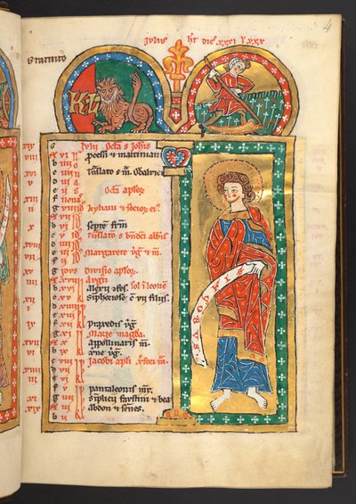 Add. 60629, f.4 July. 12 Calendar pages in gold and colours, with architectural frames each containing a sign of the Zodiac, an apostle and a labour of the month. Psalter. Illuminated Psalter with a Calendar, Canticles and Litanies for the use of nuns by German School