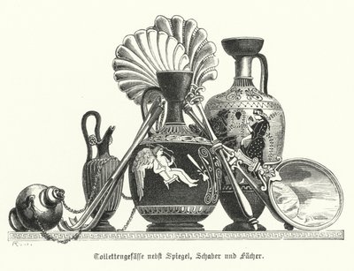 Ancient Greek toiletries vessels together with a mirror, scrapers and fans by German School