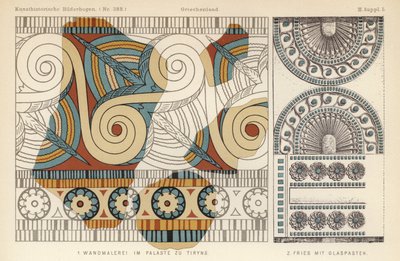 Ancient Greek wall painting from a palace in Tiryns and frieze with glass paste decoration by German School