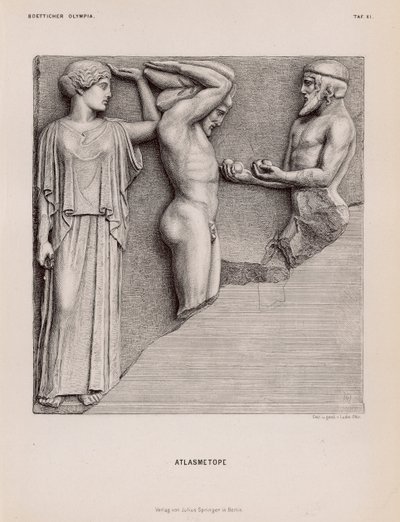 Atlas bringing Heracles the Apples of the Hesperides in the presence of Athena, metope from the Temple of Zeus, Olympia, Greece by German School