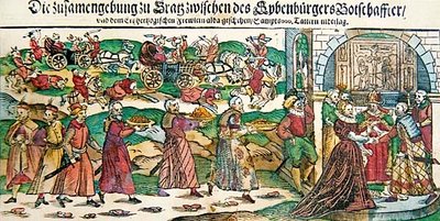Broadsheet newspaper account and illustrations of the proxy marriage in March 1595 of Archduchess Maria Christina of Austria with the ambassador of Sigismund Báthory, Prince of Siebenbürgen (Transylvania) and of the Battle of Călugăreni in August 1595, c.1 by German School
