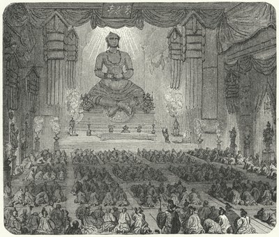 Buddhists Worshipping in a Monastery in Peking (engraving) by German School
