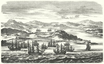 Departure of a Spanish silver fleet (engraving) by German School