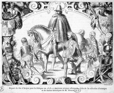 Departure of the Duke of Anjou for Poland in 1573 (elected king of Poland, he will take possession of his crown) - An ancient German print from the collection of prints and historical drawings of Mr. Hennin by German School