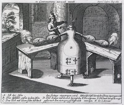Distillation of Nitric Acid (Aqua Fortis or Parting Acid) in an Iron Man with Two Noses by German School