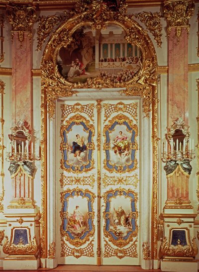 Door of the Porcelain Room with four panels depicting classical scenes by Meissen and one depicting a theatrical production by German School