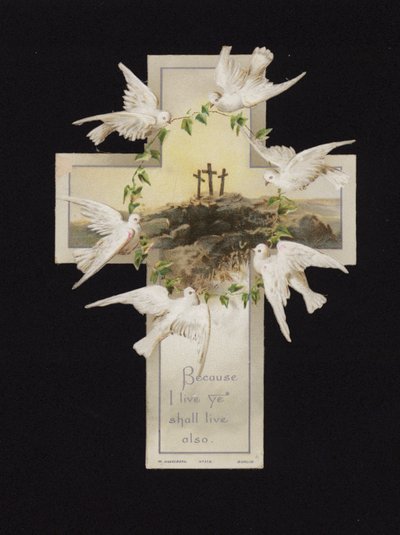 Doves carrying a wreath above the three crosses on the hilltop of Calvary, Christian greetings card by German School