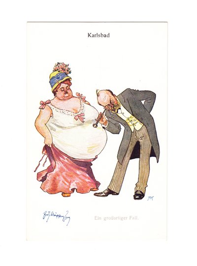 Edwardian Humorous Postcard of a Doctor with His Earpiece to a Very Fat Woman