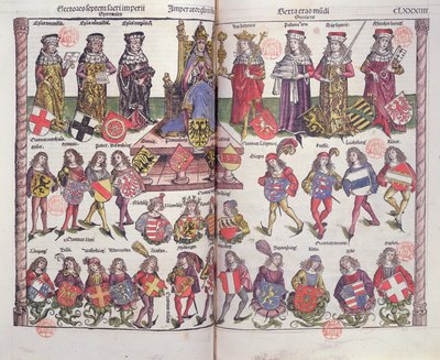 Emperor and electors of the Holy Roman Empire with twenty four German noblemen presenting their coats of arms by German School