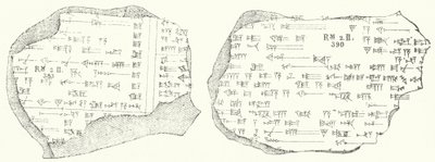 Fragments of Babylonian cuneiform text on two clay tablets by German School