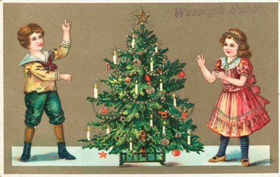 Girl and Boy with Christmas Tree by German School