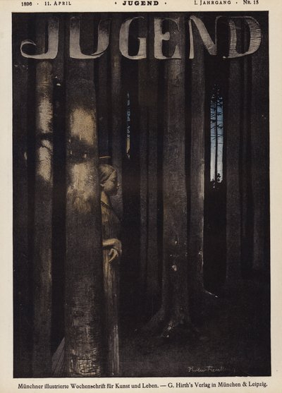 Girl walking in a forest at night by German School